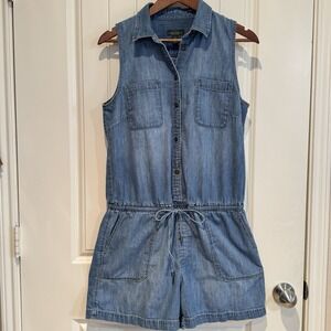 LRL Lauren Jeans Co Denim Romper Womens 12 Chambray Sleeveless Utility Tie Waist
